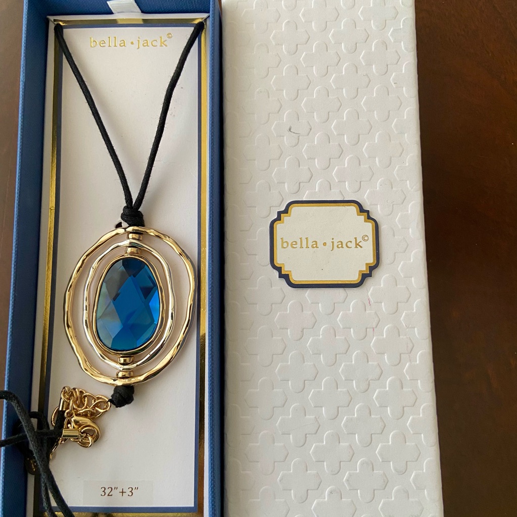 Bella Jack 32”Black Cord Necklace &Pendant 3”Gold Silver Metal &Royal Blue Stone